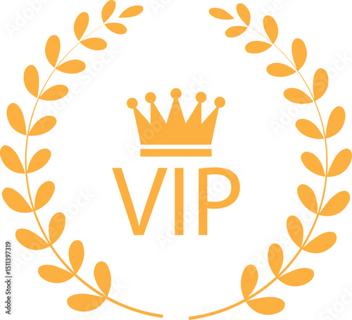 VIP icon yellow flat style. Symbol of exclusivity. Vip vector with crown and laurel wreath. Luxury premium badge. Very important person sign illustration. Decoration element for your website design.