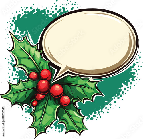 Christmas frame with holly, berries, and green leaf branches, a festive holiday winter decoration