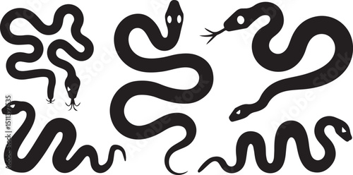 Set of Snake Silhouettes in Various Poses, Symbolizing Reptiles, Wildlife
