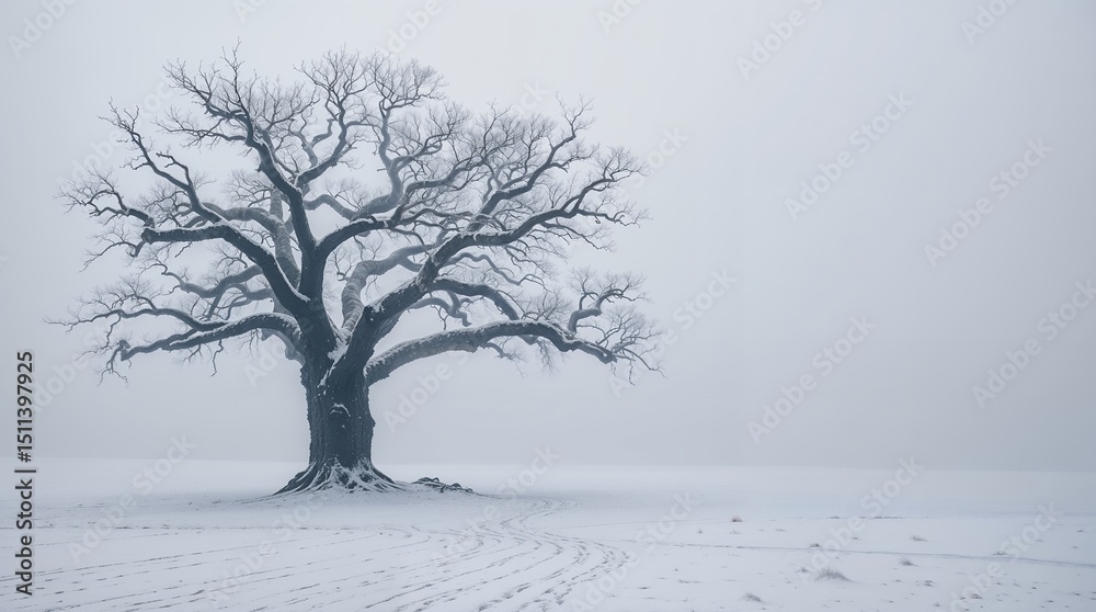 Fototapeta premium AI Generated Solitary Snow-Covered Oak Tree in a Winter Landscape