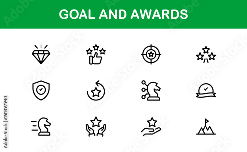 Goal and Awards Icon Set Representing Achievement, Medal, Trophy, Target, and Success Concepts in a Minimal, Vector-Based Stock-Friendly Design