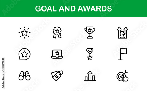 Goal and Awards Icon Set Representing Achievement, Medal, Trophy, Target, and Success Concepts in a Minimal, Vector-Based Stock-Friendly Design