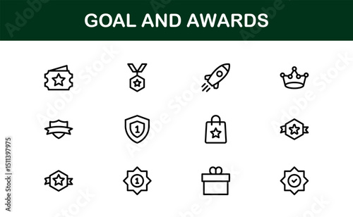 Goal and Awards Icon Set Representing Achievement, Medal, Trophy, Target, and Success Concepts in a Minimal, Vector-Based Stock-Friendly Design