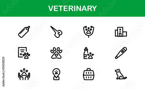 Veterinary Icon Set Featuring Pet Health, Animal Care, Medical Tools, and Clinic Concepts in a Clean, Minimalist, and Vector-Based Stock Design