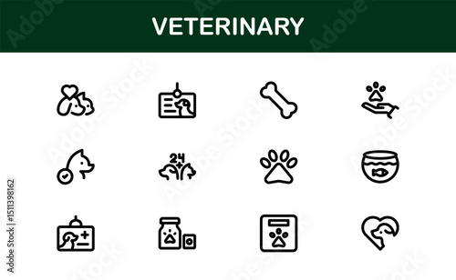 Veterinary Icon Set Featuring Pet Health, Animal Care, Medical Tools, and Clinic Concepts in a Clean, Minimalist, and Vector-Based Stock Design