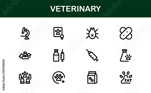 Veterinary Icon Set Featuring Pet Health, Animal Care, Medical Tools, and Clinic Concepts in a Clean, Minimalist, and Vector-Based Stock Design
