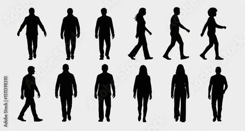 Silhouette of People Walking and Standing | Diverse Group of Figures for Design Elements, Architectural Plans, and Crowd Illustrations
