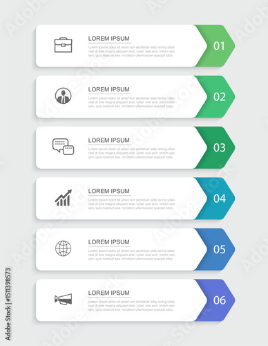 6 data infographics rectangle tab index template. Illustration business abstract background.