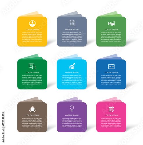 9 data infographics paper book template. Illustration business abstract background.