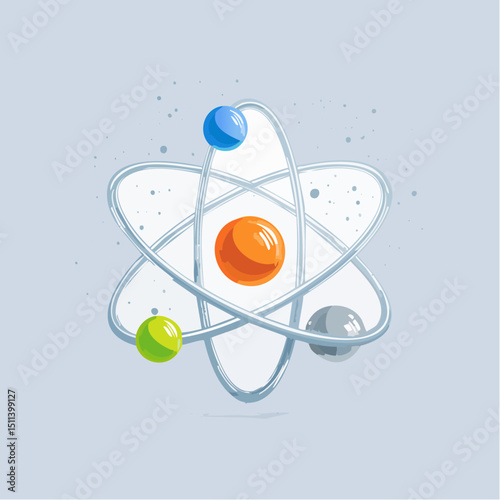 Flat vector illustration of a stylized atom with orbiting electrons and floating science icons, representing atomic structure and physics.

