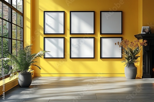 Bright Yellow Wall Mockup with Six Empty Photo Frames and Plants

