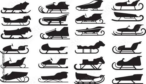 Various Sled Silhouettes in Black and White, Perfect for Winter Sports, Snow Adventures, and Holiday Designs
