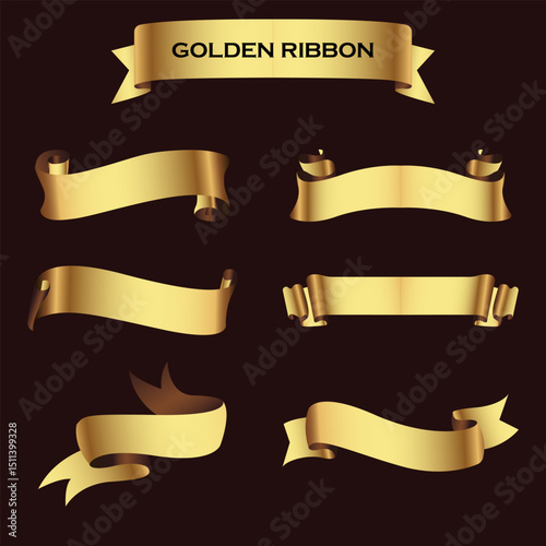 Set of gold ribbon banners template design. Luxury ribbons isolated on black background. vector	