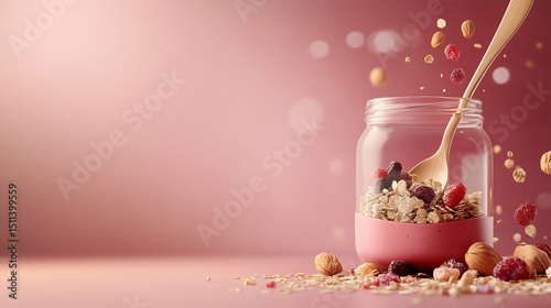 Organic granola with nuts and dried fruits on a pastel pink background, offering a healthy, crunchy snack with copy space for text in a bright, modern setting. photo