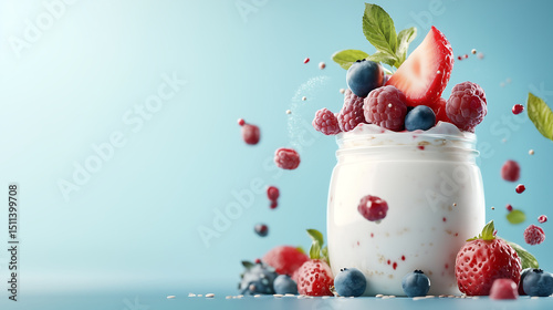 Creamy organic yogurt in a glass jar topped with fresh berries, rich in probiotics, naturally sweet, and perfect for a healthy snack or breakfast.