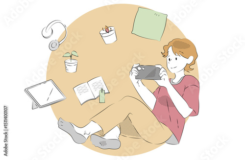 Relaxing boy playing smartphone at home with cozy items