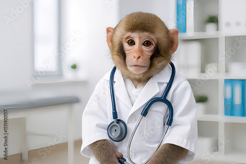 Adorable Baby Monkey Dressed as Doctor with Stethoscope in Medical Office