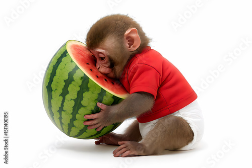 Adorable Baby Monkey in Red Shirt Eating Watermelon on White Background