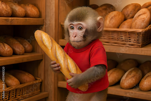 Cute Baby Monkey in Red Shirt Holding Baguette in a Bakery