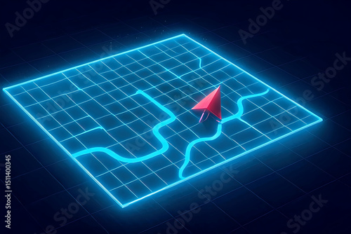 Futuristic GPS Navigation Interface with Glowing Neon Map and Arrow Pointer