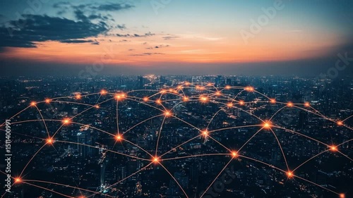 Futuristic Smart Cityscape at Sunset: Interconnected Network of Global Communication
