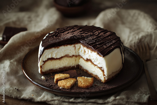 Torta alemã com cobertura de chocolate e pedaço cortado photo