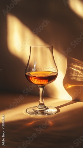 Glass of Amber Liquid with Light Streaks on a Table