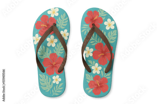 Comfortable turquoise flip-flops decorated with red hibiscus flowers and white plumeria, perfect for summer beach walks, isolated on transparent background