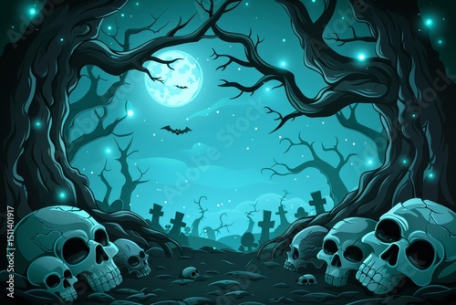 An Eerie Moonlit Graveyard filled with Skulls and Gnarled Trees creating a haunting atmosphere