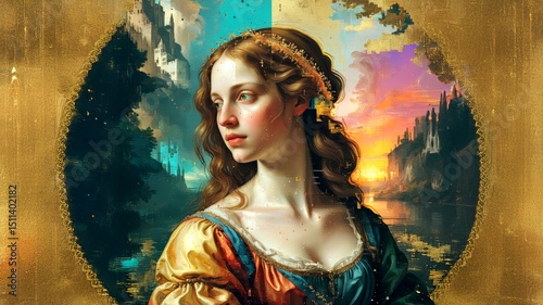 Surreal renaissance-style portrait of a young noblewoman divided between bright turquoise day and glowing golden sunset, symbolizing duality, fantasy, and artistic harmony in digital fine art. 1