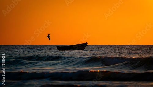 a boat in the ocean at sunset, with a bird flying in the sky above. The sky is a beautiful mix of oranges, pinks, and purples, and the boat is illuminated by the setting sun.
