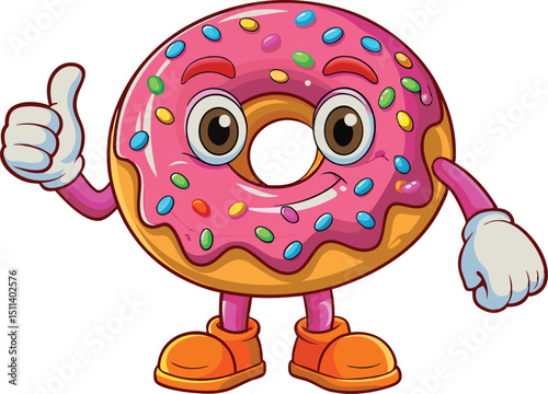 Retro Cartoon Donut Character Walking with Thumbs Up in Kawaii Style Vector