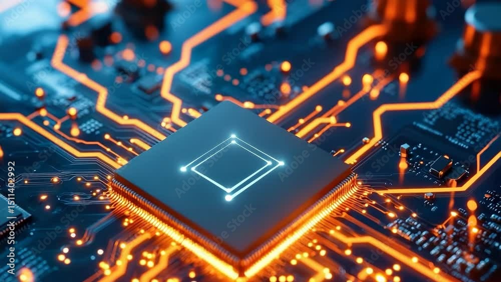 Microchip circuit technology electronic motherboard glowing orange blue closeup futuristic—A closeup of glowing microchip blue motherboard with orange circuits showcasing advanced technology
