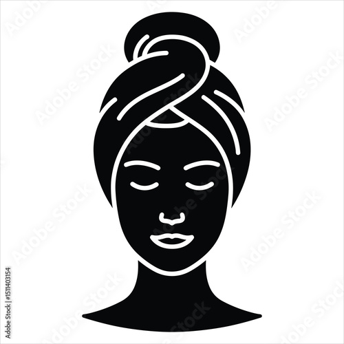 Black silhouette vector of a top-down face icon of a woman with a towel wrapped around her head, spa style