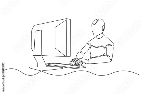 Continuous one line drawing of Robot humanoid use laptop. Single line drawing illustration of Humanoid robot use a laptop. 4th industrial revolution concept vector art. Doodle line illustration.