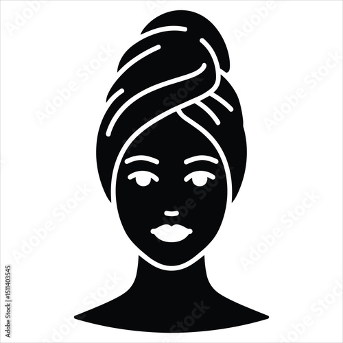Black silhouette vector of a top-down face icon of a woman with a towel wrapped around her head, spa style