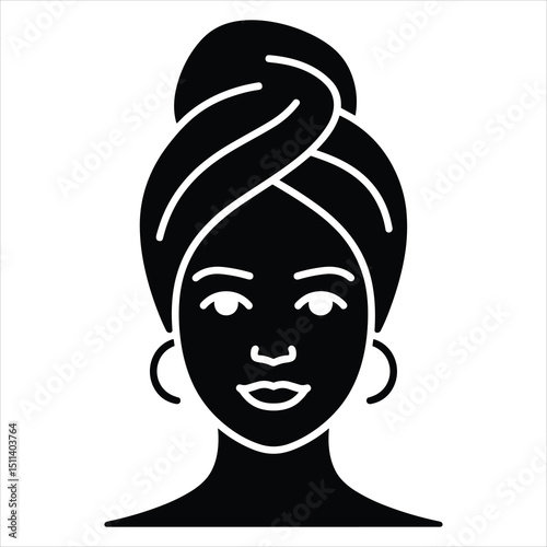 Black silhouette vector of a top-down face icon of a woman with a towel wrapped around her head, spa style