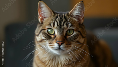 Cute Striped Cat Portrait with Green Eyes Looking at Camera Indoors
