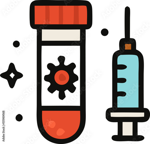 icon set illustrating virus testing and vaccination. A test tube containing a symbolic virus represents COVID-19 screening, while a syringe filled with blue liquid signifies vaccination