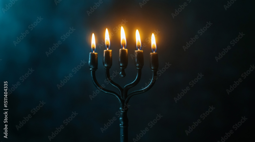 Fototapeta premium burning,Hanukkah,candle in Menorah,faith, festival, flames, glow, judaism, lit, magical, culture, traditional, brass, religious,One 