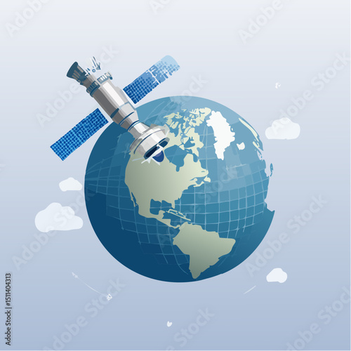 Flat vector of a satellite orbiting Earth with signal waves and tech icons, representing data transmission, communication, and space science.