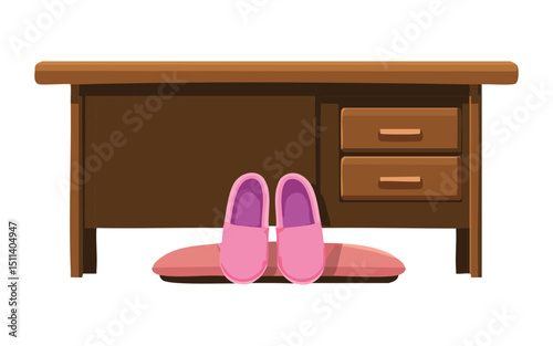 Pink Slippers Under Desk Illustration