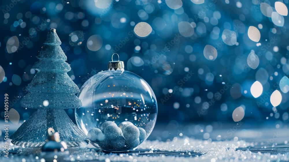 A serene winter scene featuring a sparkling Christmas tree and a glass ornament filled with snowy spheres, set against a backdrop of twinkling lights, evoking a cozy holiday atmosphere.