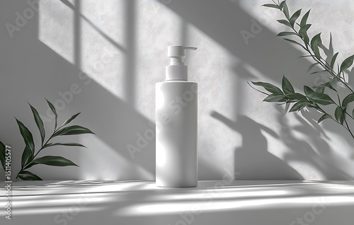Minimalist White Pump Bottle Mockup with Green Leaves and Soft Shadows

