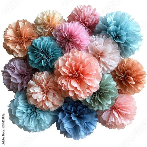 Colorful paper flower pom poms creating a festive and cheerful atmosphere for events