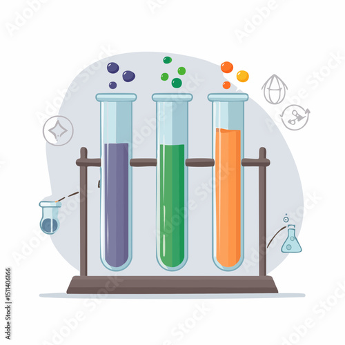 Flat vector of three colorful test tubes in a stand with floating lab icons, symbolizing chemistry, experiments, and laboratory science.