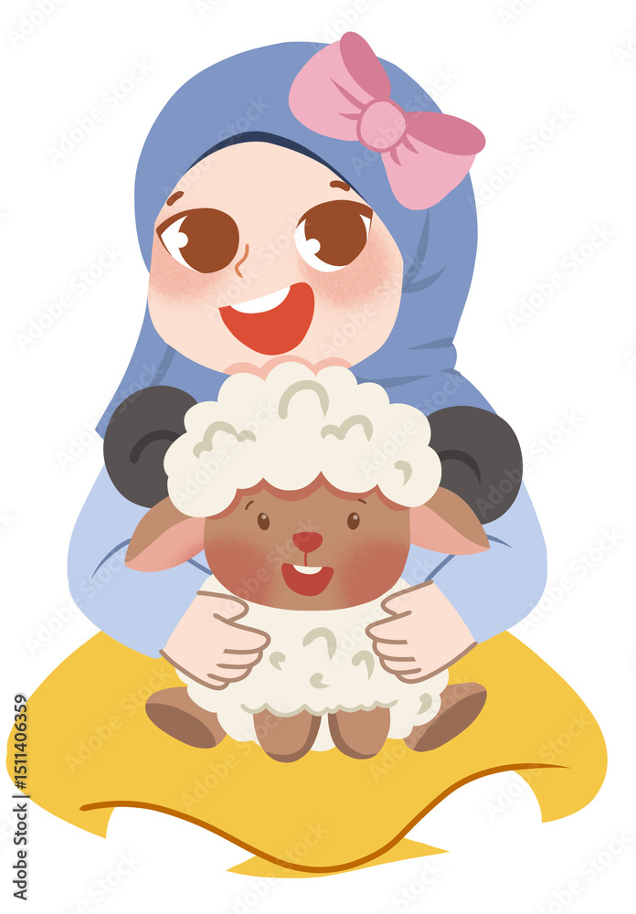 Cute muslim girl hugging sheep Cute muslim girl hugging sheep