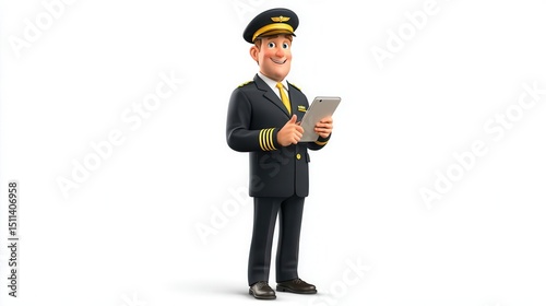 Cartoon pilot character holding tablet