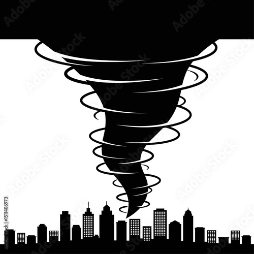 Powerful Tornado Illustration Black and White City Destruction Vector Graphic