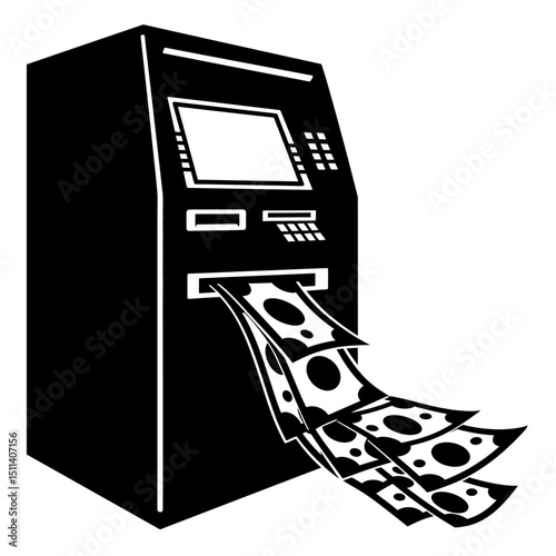 Automated Teller Machine (ATM) Dispensing Cash A Black and White Illustration